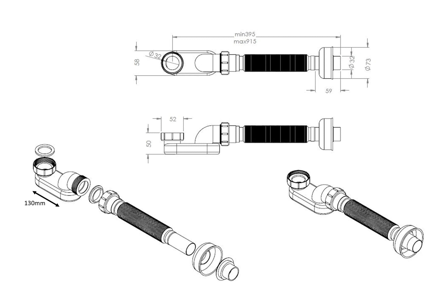 Badsifon flexibel Prome met overloop combinatie voor baden Ø40 MM SaniSupreme