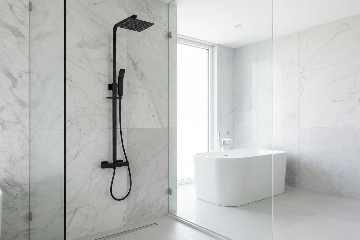 Best Design Zenia Line GlideRail Series thermostatische opbouw regendouche 20cm breed 73 tot 127 cm Mat Zwart SaniSupreme