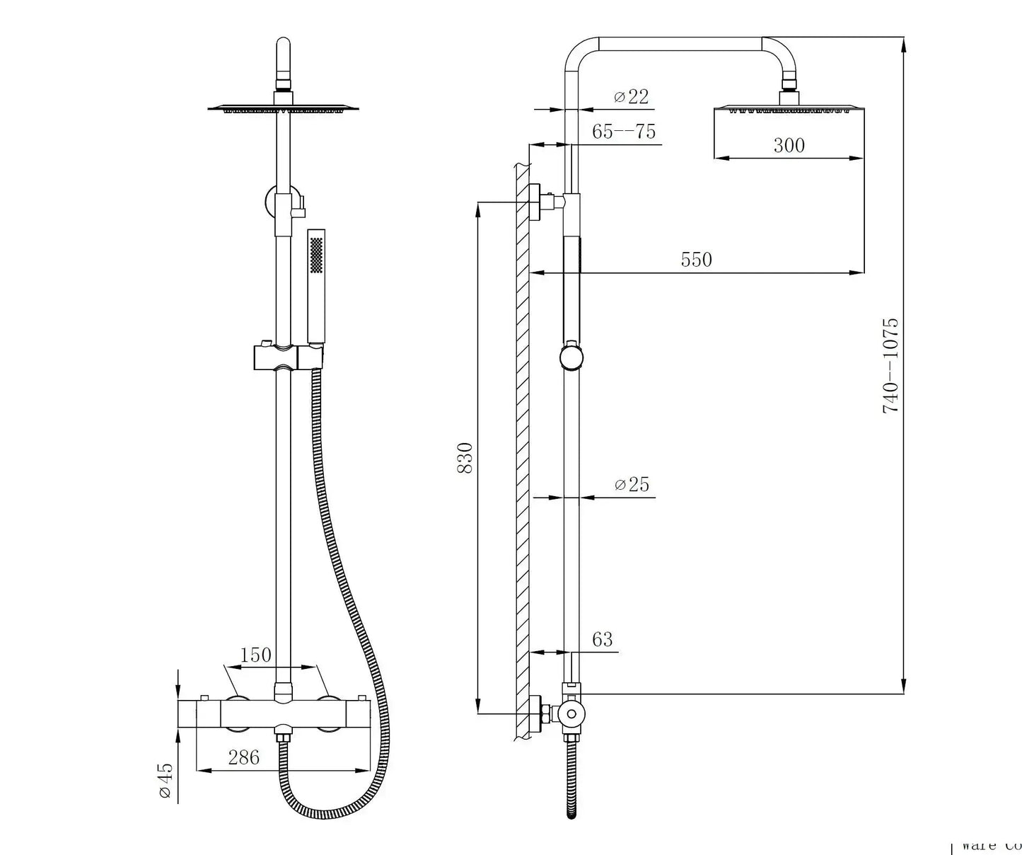 Best Design Zenia Line Lina Series thermostatische opbouw regendouche 30cm breed 90 tot 122 cm RVS 304 SaniSupreme Sanisupreme