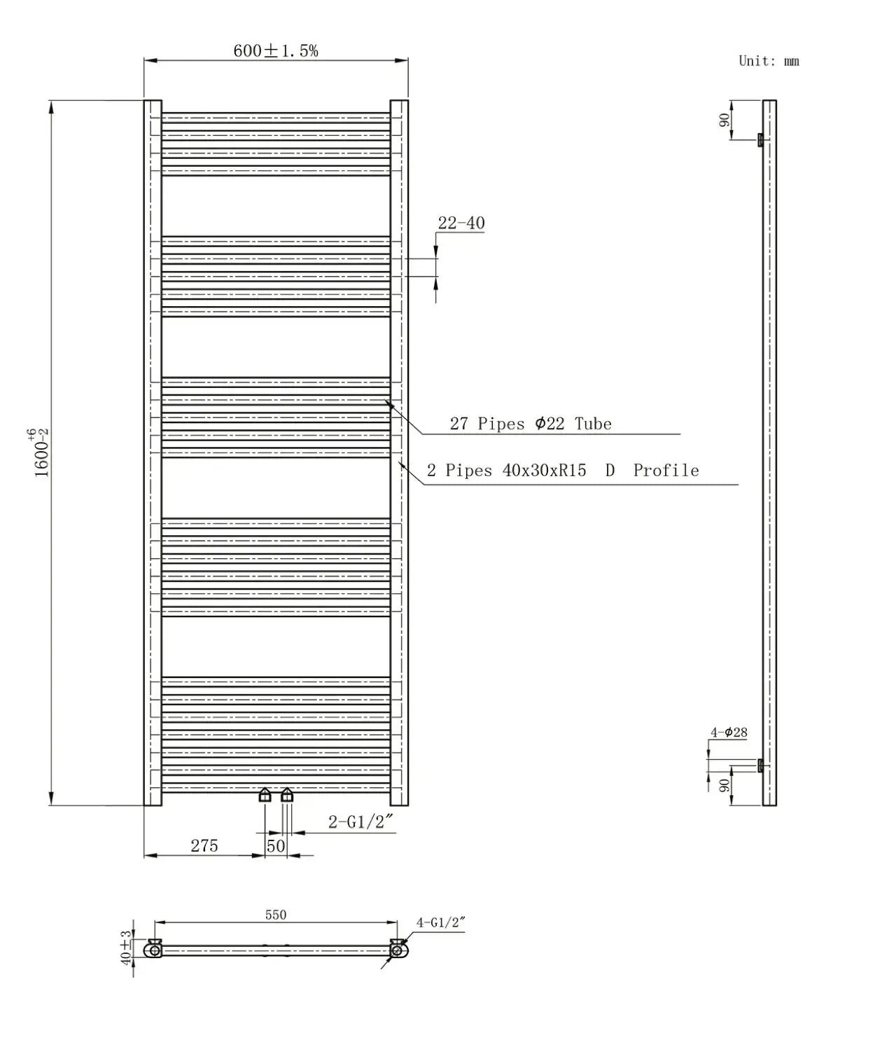 Handdoek verwarming Geborsteld RVS SaniSupreme Monvex 160x60cm 557 W middenaansluiting