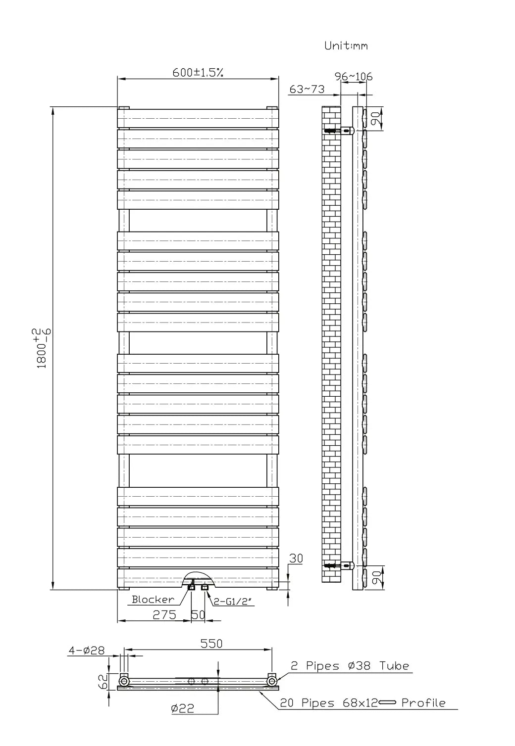 Handdoek verwarming Wit SaniSupreme Varello 180x60cm 1081 W Aansluiting midden