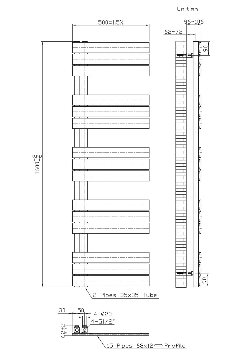 Handdoek verwarming Wit SaniSupreme Vaylo 160x50cm 755 W Aansluiting Links