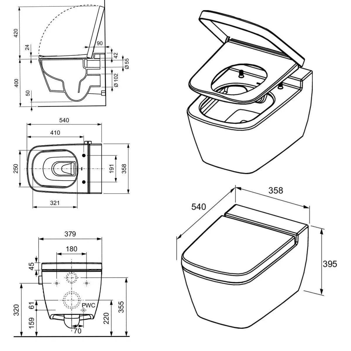 Hangtoilet Madeira Glanzend Wit met zitting en bidetfunctie 54 cm koud water randloos SaniSupreme
