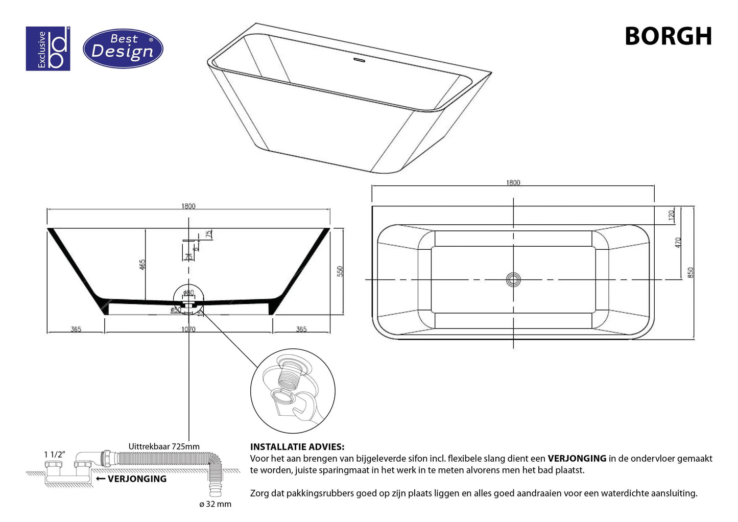 Luxora 180 cm half vrijstaand ligbad Mat Wit SaniSupreme SaniSupreme