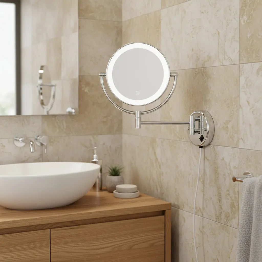 Make-up Spiegel Serra met led verlichting uitrekbaar RVS 5 verschillende kleuren Ø20cm kantelbaar en draaibaar SaniSupreme