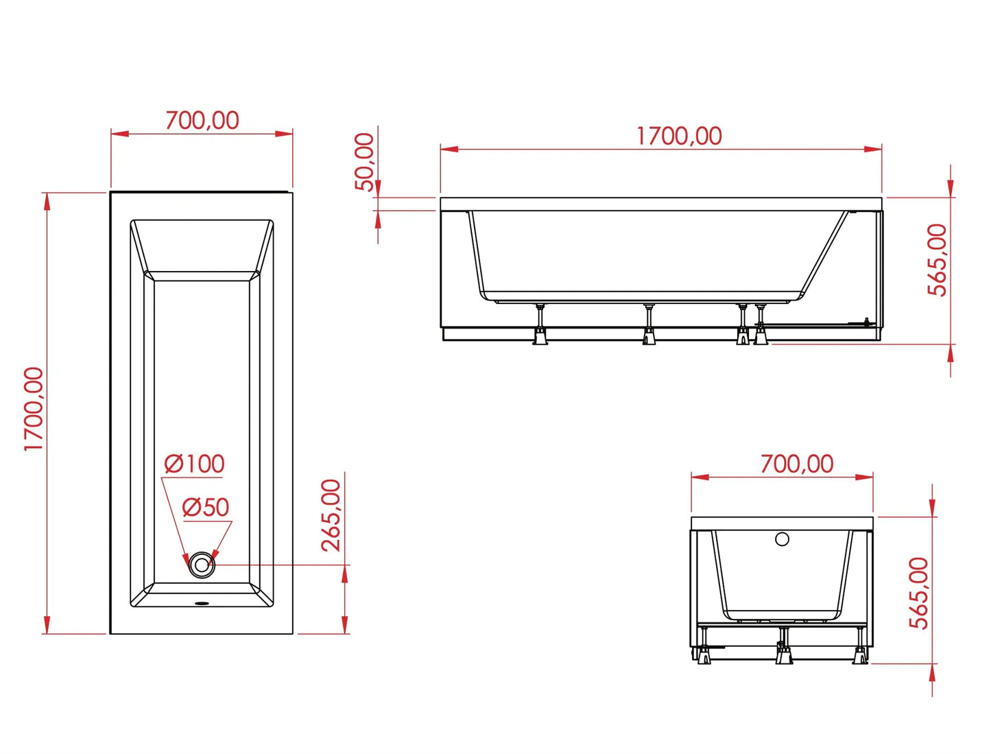 SaniSupreme Inbouw Ombouw Bad AquaTherme Plus Acryl glanzend wit 170x70x56.5 SaniSupreme