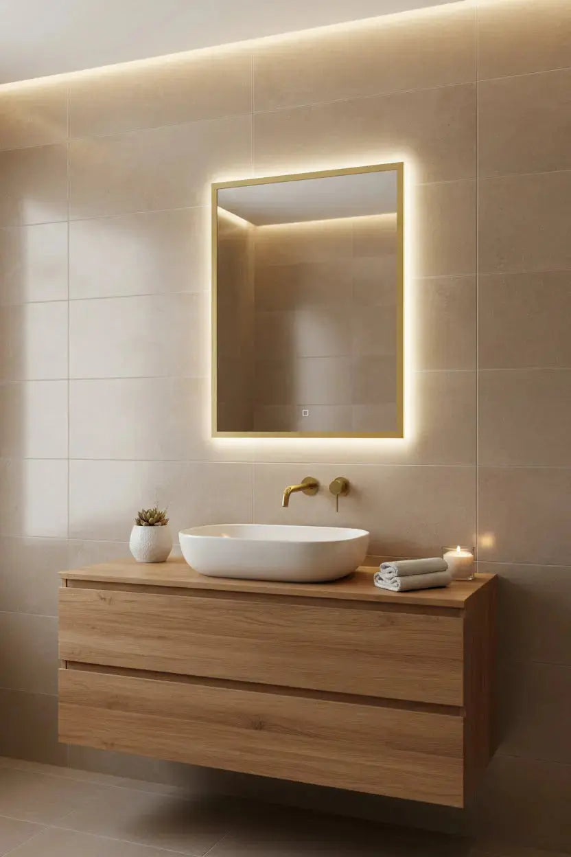 Spiegel Nuvem Mat Goud rechthoek met led verlichting 80x60 of 60, 100, 120 x80 cm moderne badkamer SaniSupreme