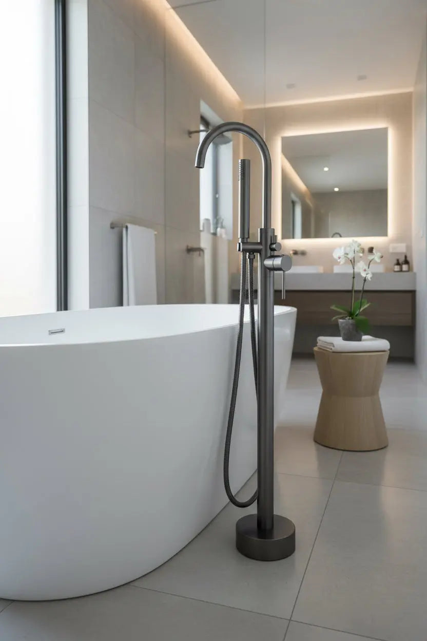 Vrijstaande Badkraan SaniSupreme Veloria Line Acanthus met handdouche Gunmetal grijs