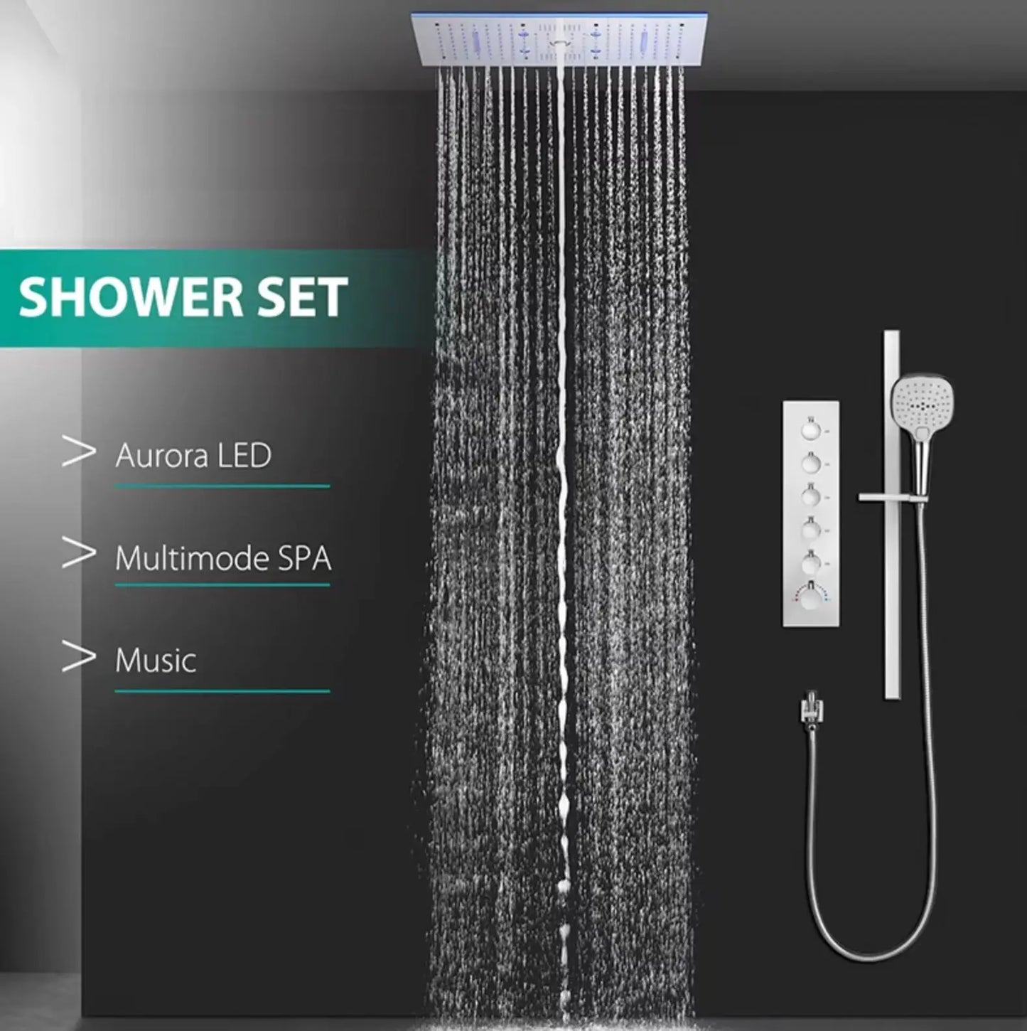 SaniSupreme® Aurora Plafond Thermostatische Doucheset 5 weg systeem Inbouw Plafond LED & Audio regendouche Chroom Glans