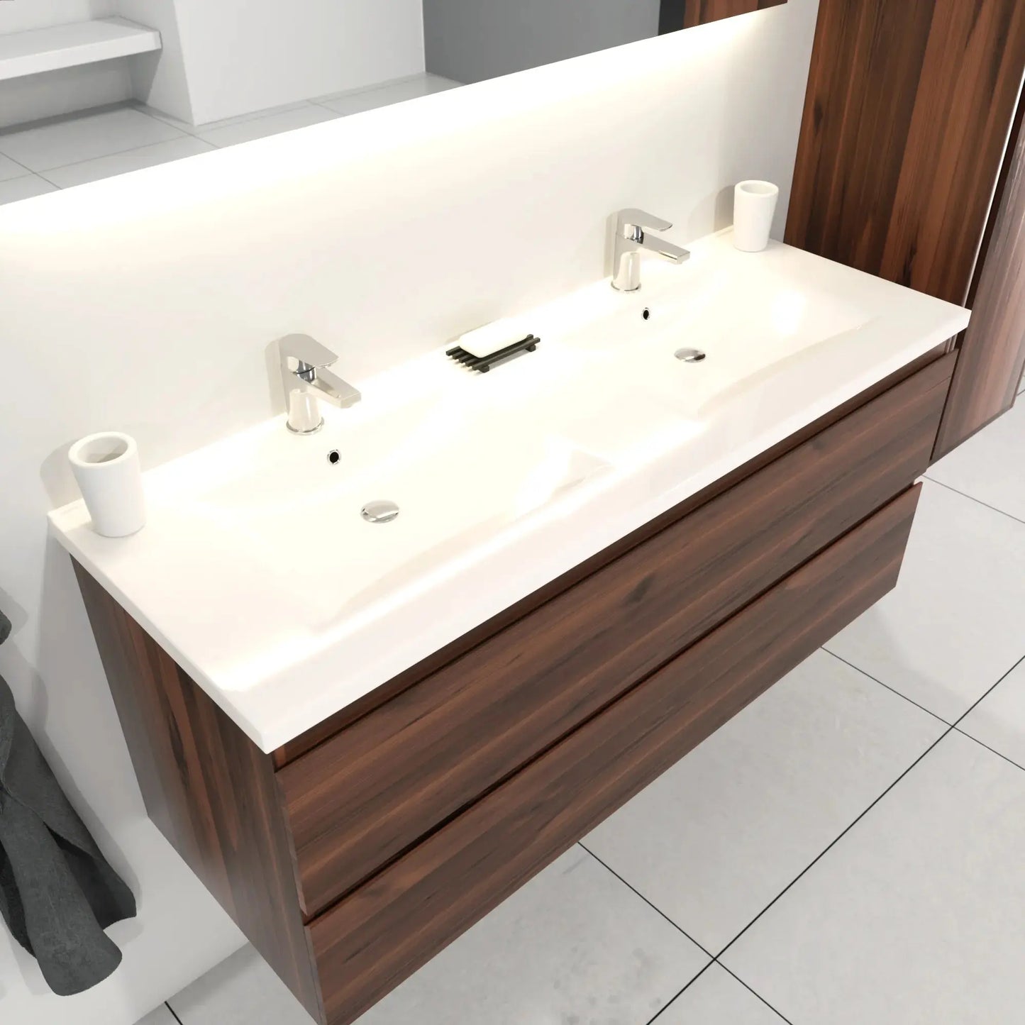 SaniSupreme® Badmeubel Salou 120 Donker Eiken dubbele wastafel keramisch wit