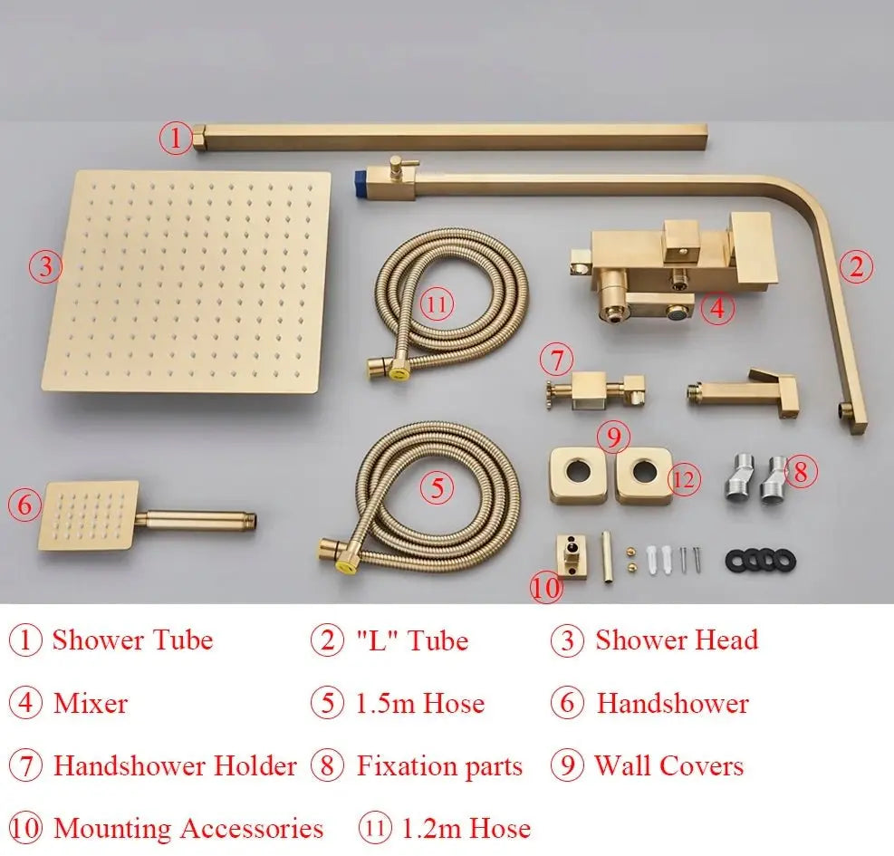 SaniSupreme California opbouw bad doucheset met baduitloop 4 weg 20 cm. regendouche goud brushed vierkant