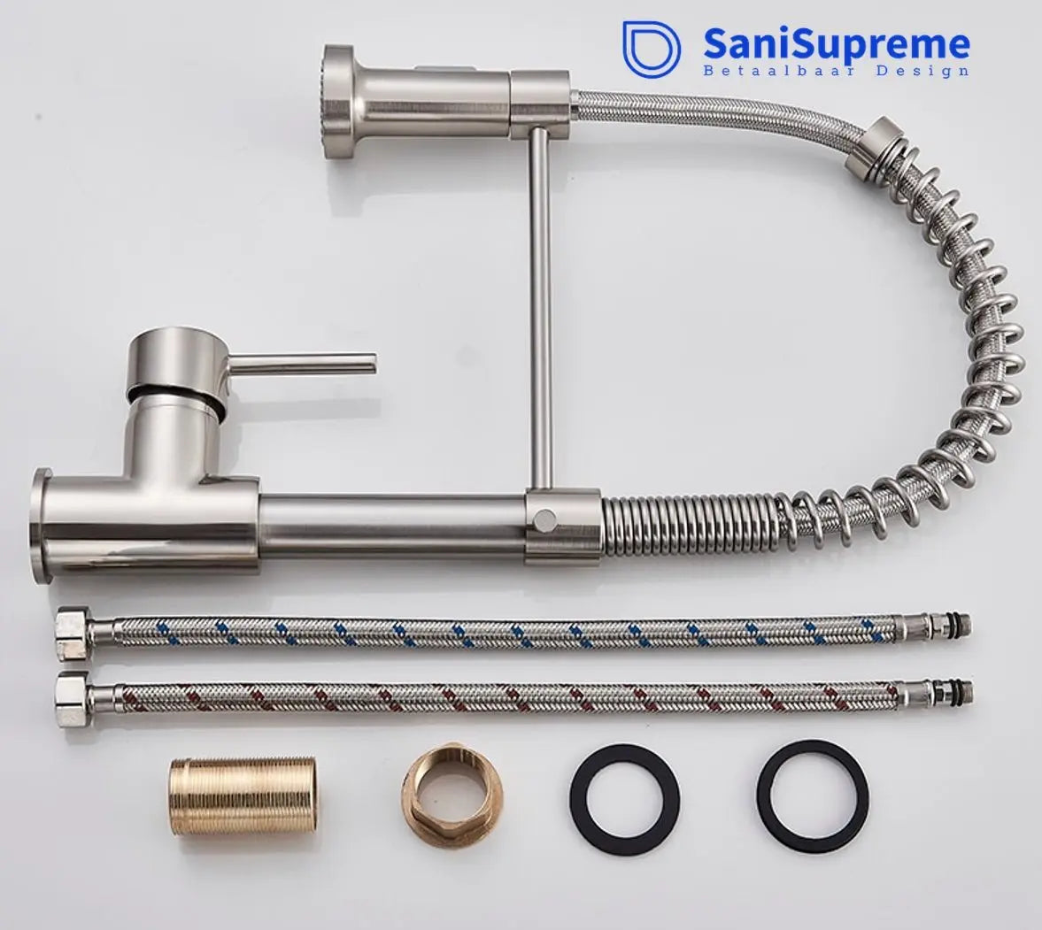 SaniSupreme Keukenkraan Pull - down Bologna gebogen met veer Nikkel Brush (RVS)