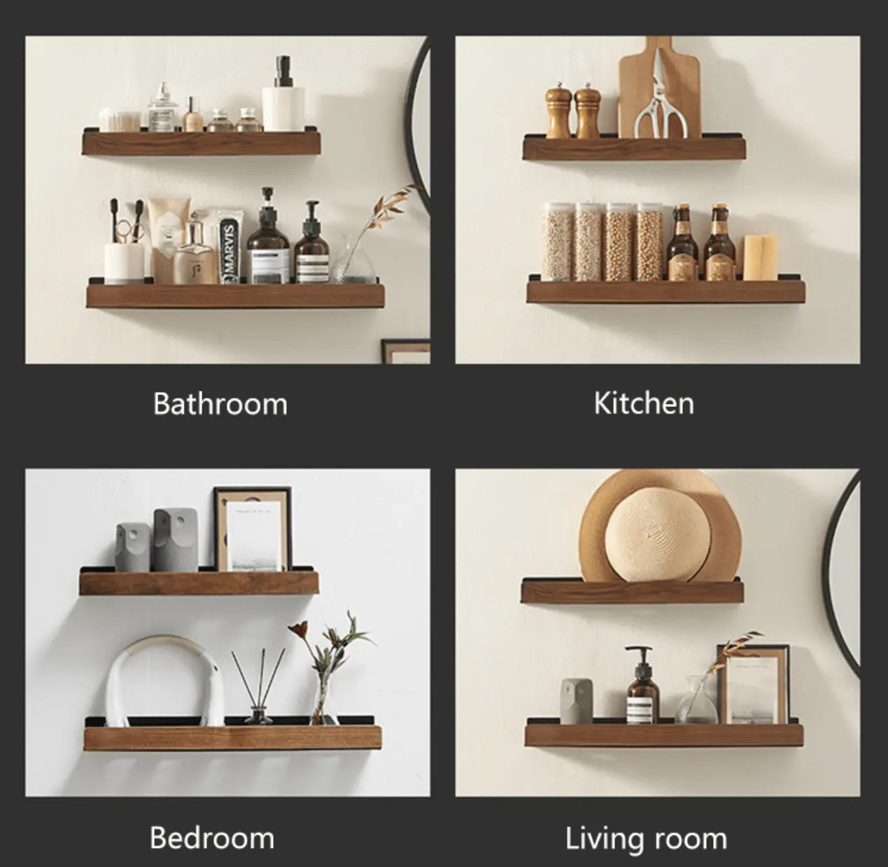 Sanisupreme Wandplank Doucherek mat zwart walnoot rand 20 cm. RVS