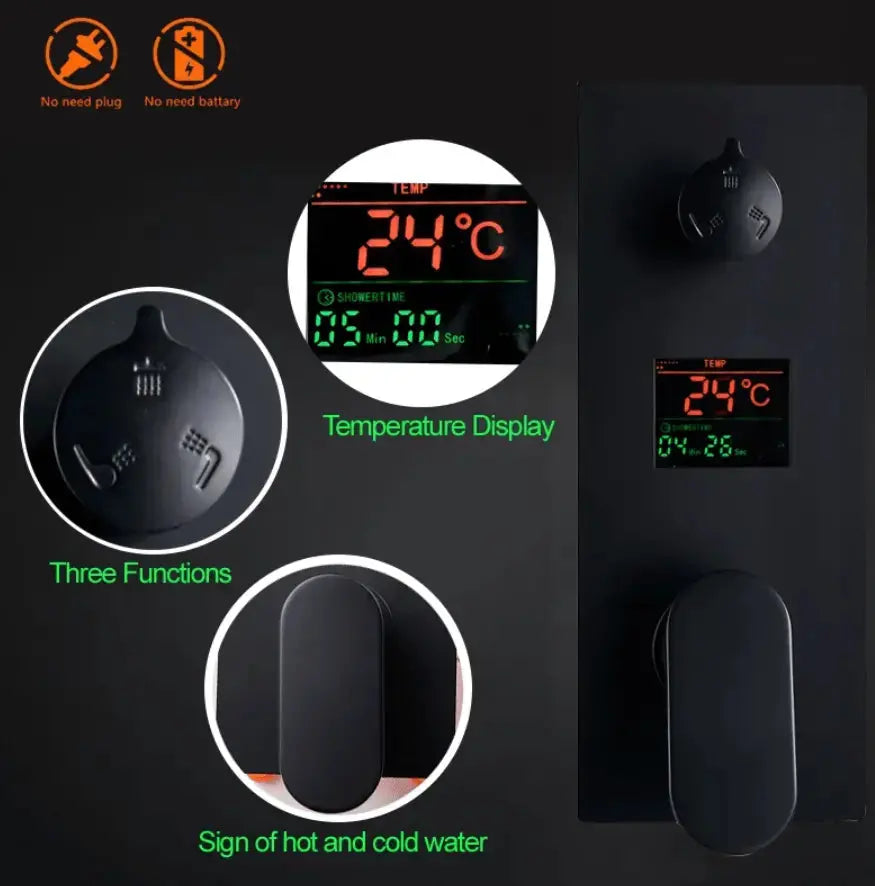 SaniSupreme®SmartPulse Plafond Thermostatische Doucheset Manhattan LCD 3 weg Inbouw Plafond LED regendouche La Paz Mat Zwart