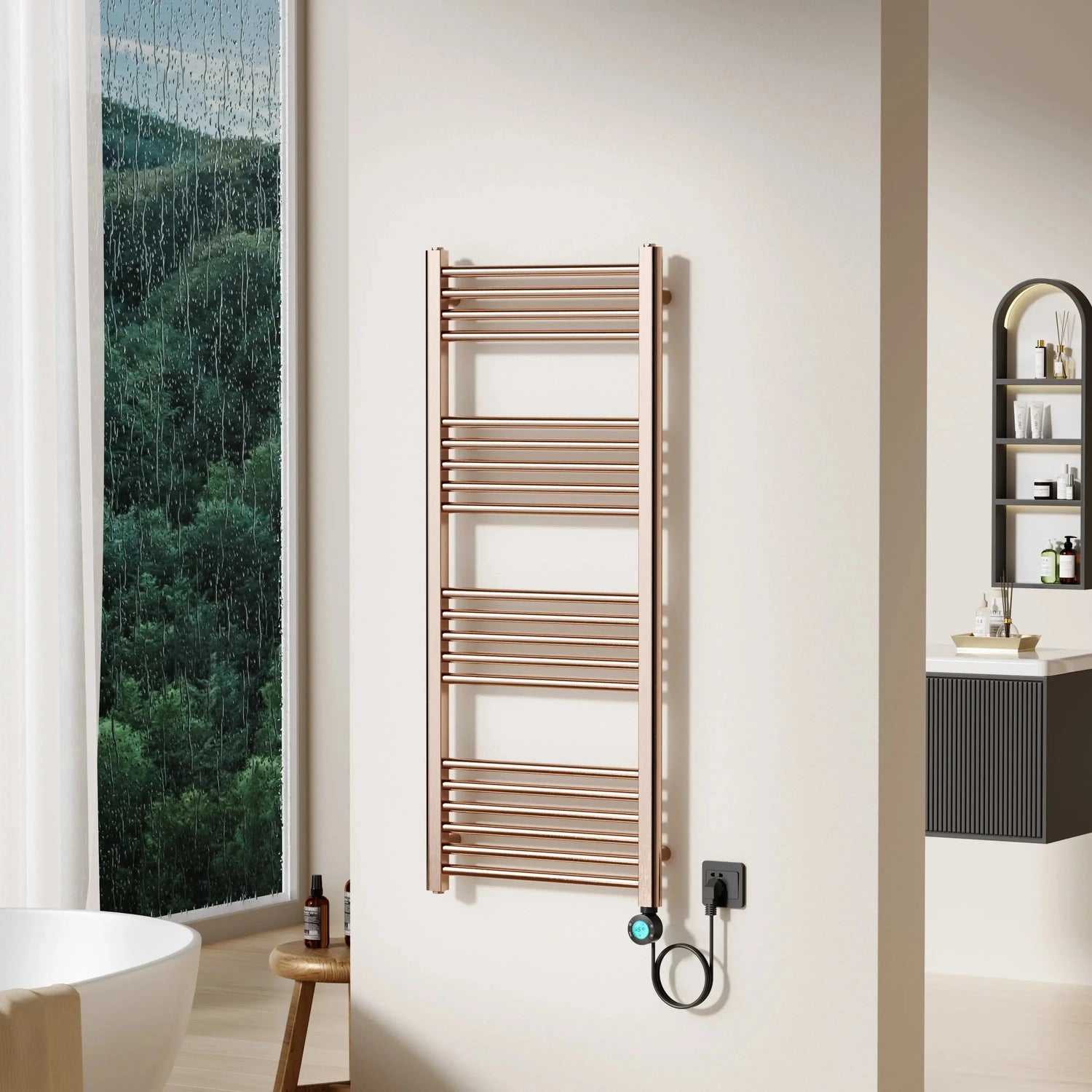 Badkamer Elektrische Radiator Handdoekverwarming Programeerbaar Rechts aansluiting 1200X500-700W Geborsteld Koper SaniSupreme