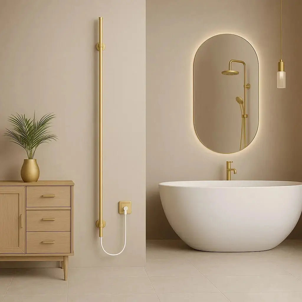 Design radiator in mat zwart in moderne badkamerinterieur