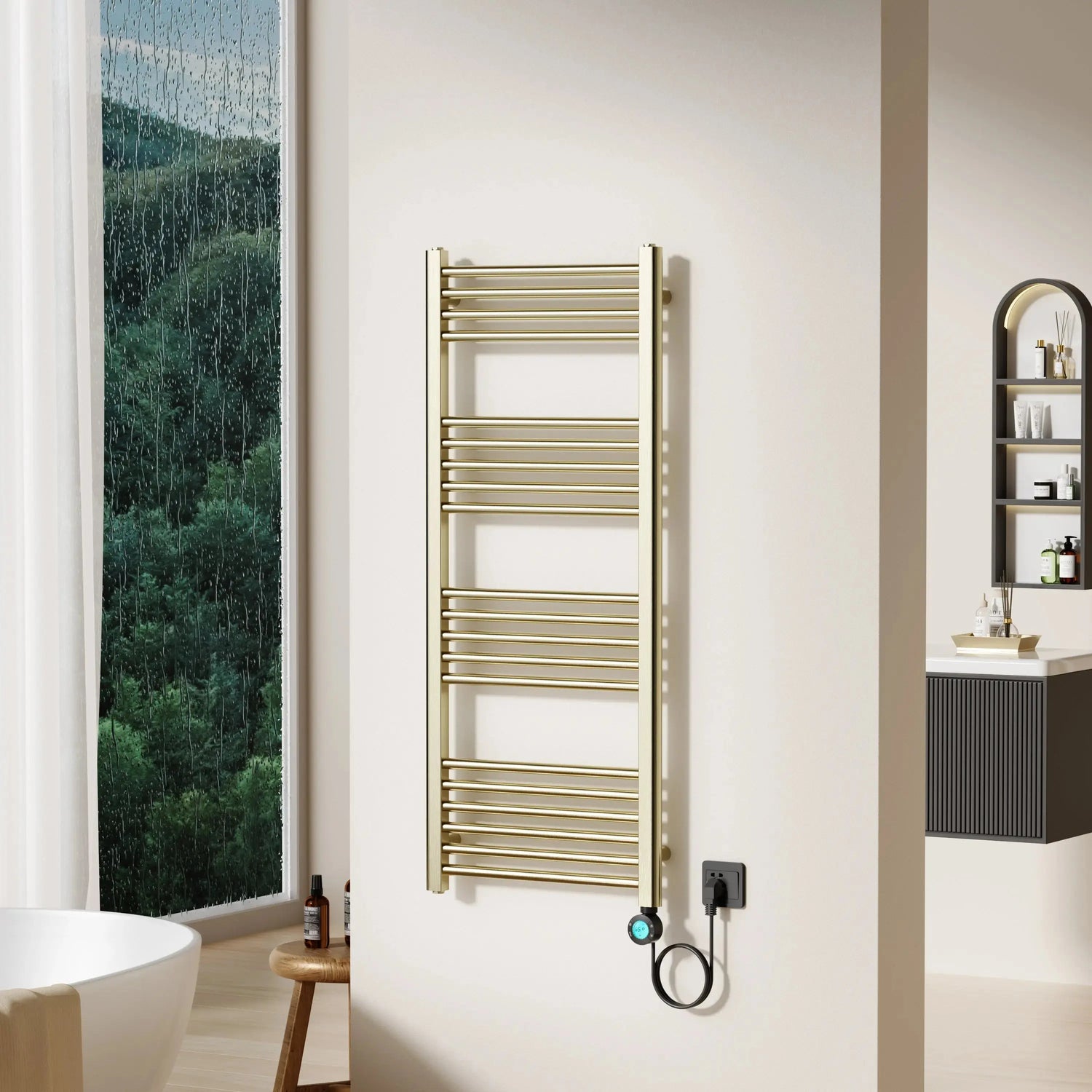 Badkamer Elektrische Radiator Handdoekverwarming Smart Wifi Rechts aansluiting 1200X500-700W Geborsteld Goud SaniSupreme