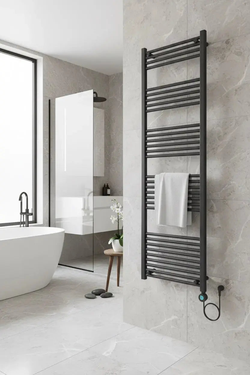 Elektrische Digitale Radiator Handdoekverwarming SMART WIFI 1000W 180 X 55 SaniSupreme Zaviro Mat Zwart