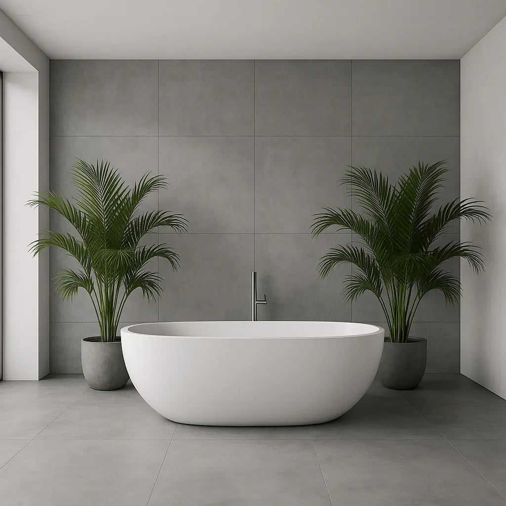 Vrijstaand wit ligbad in moderne badkamer met grijze tegels en grote groene planten.