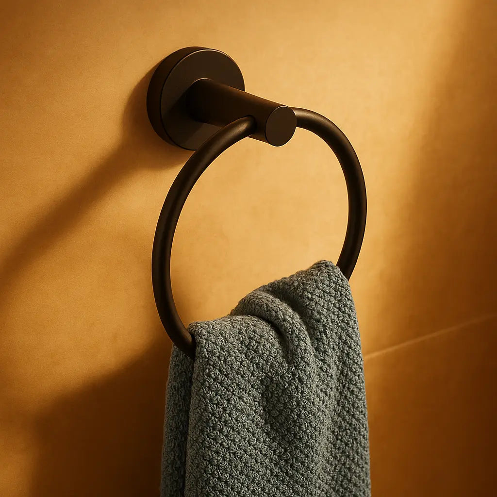 Mat zwarte handdoekring in een warm verlichte badkamer met een blauwe handdoek