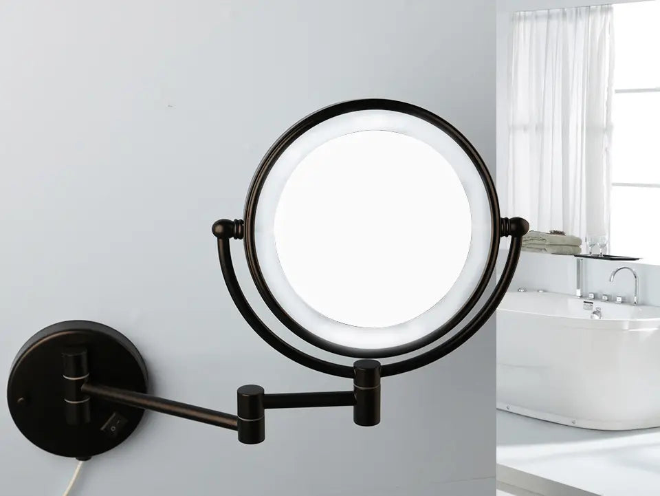 SaniSupreme zwarte make-up spiegel met LED verlichting, vergroting en verstelbare wandarm – luxe badkameraccessoire