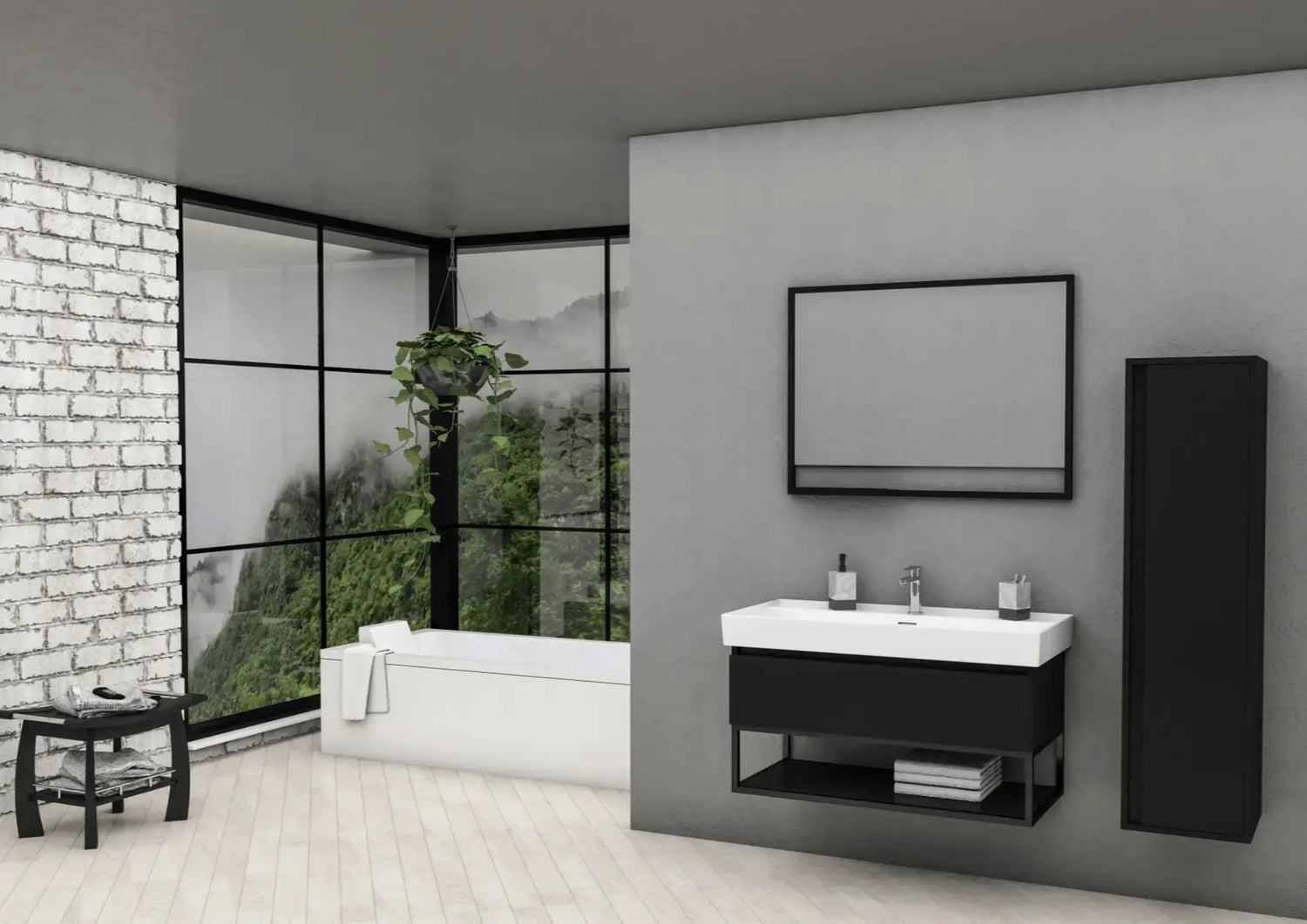badkamer wastafelmeubel houtlook met zwart metalen frame en bijpassende open badkamerkast in moderne badkamer