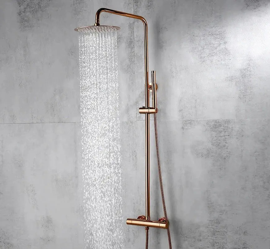 Doucheset opbouw glans koper met thermostatische kraan, 8 inch regendouche en handdouche - SaniSupreme