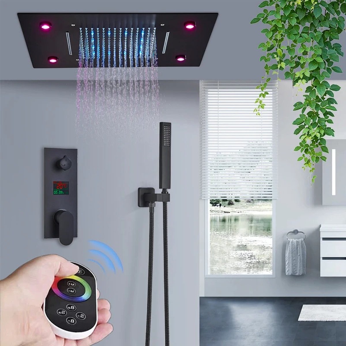 OFFRE SPÉCIALE : SaniSupreme®SmartPulse Ensemble de douche thermostatique au plafond Alicante Douche de pluie LED à 3 voies encastrée au plafond La Paz Noir mat