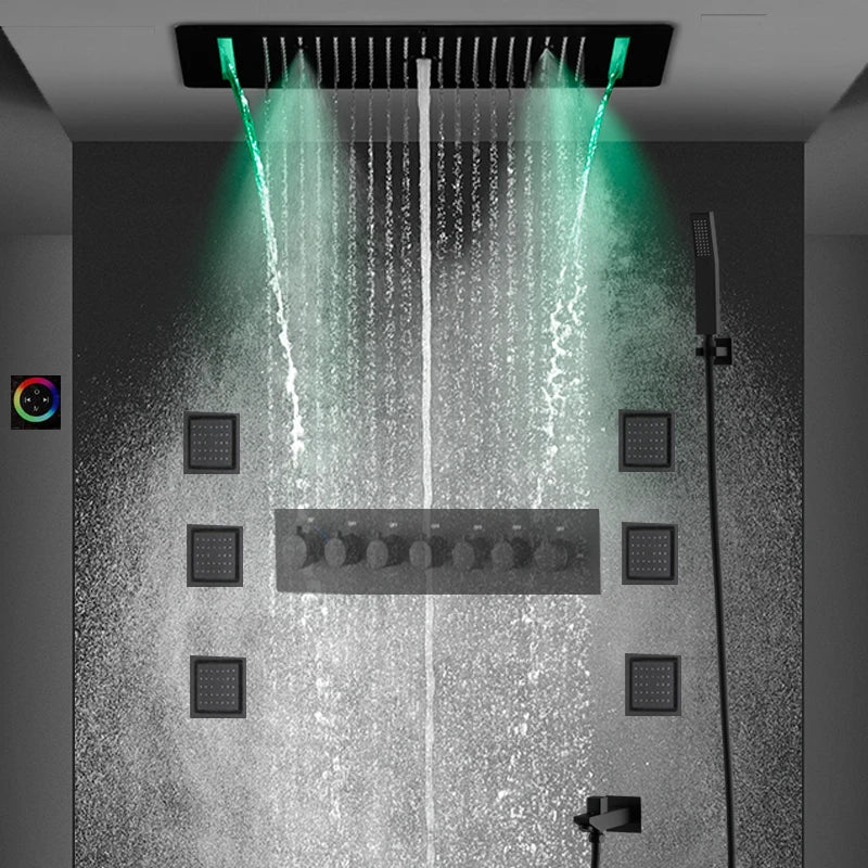 SPECIAL OFFER: SaniSupreme®SmartPulse Ceiling Thermostatic Shower Set Alicante 3-way Recessed Ceiling LED rain shower La Paz Matt Black