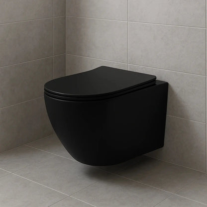 SaniSupreme Aloni Pro hangtoilet / ophang WC – tornado flush – randloos – met zitting – compact 49 cm – mat zwart SaniSupreme