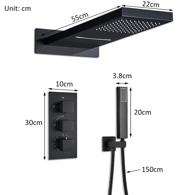 SaniSupreme Doucheset BlackLine Wellness  regendouche en waterval  vierkant 3-weg zwart inbouw