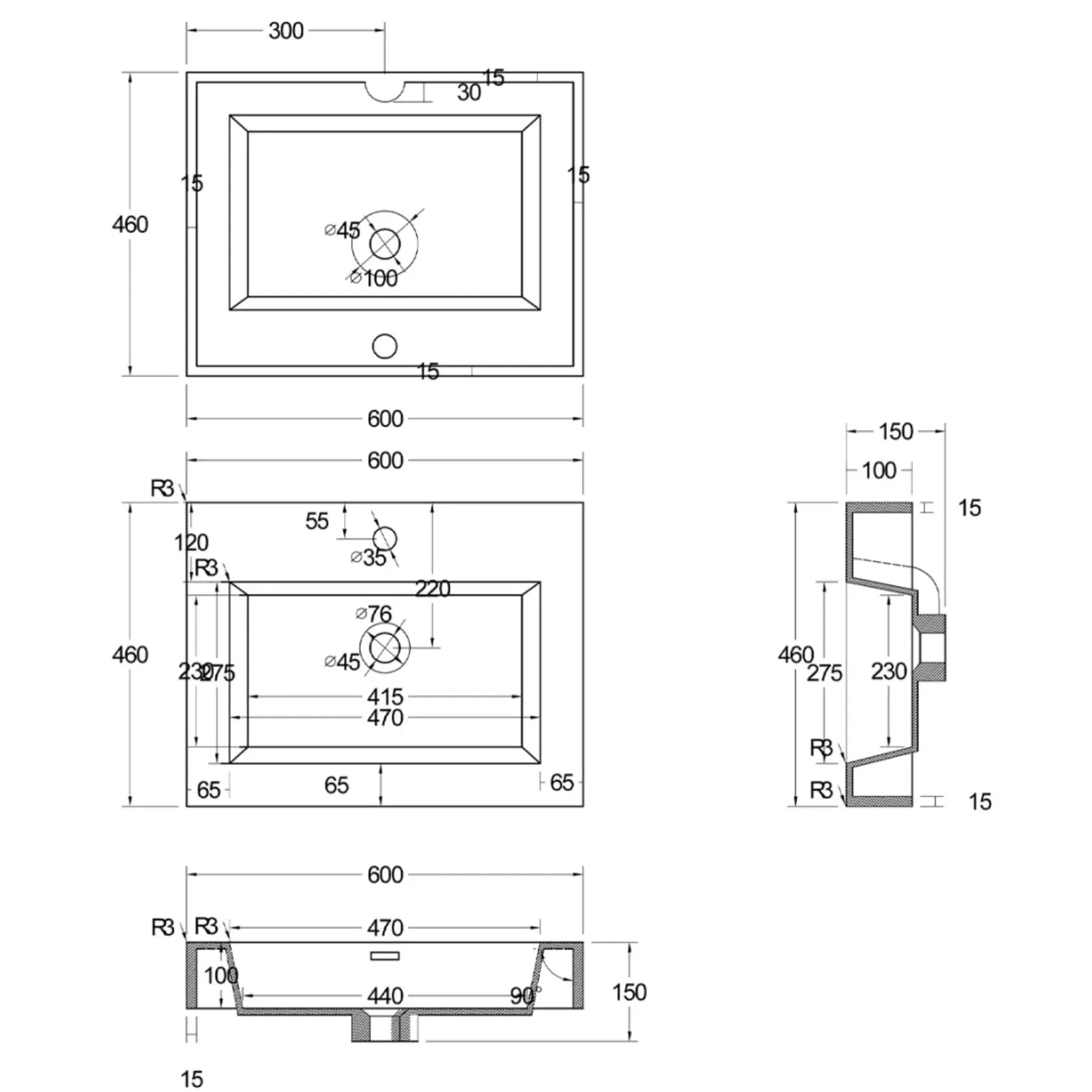 SaniSupreme ALONI Square Wastafel – 60x10x46 cm – Kunstmarmer – Mat Wit SaniSupreme