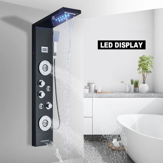 PROMOTION Shower panel Rain shower SaniSupreme® Capri matt black with LED lighting