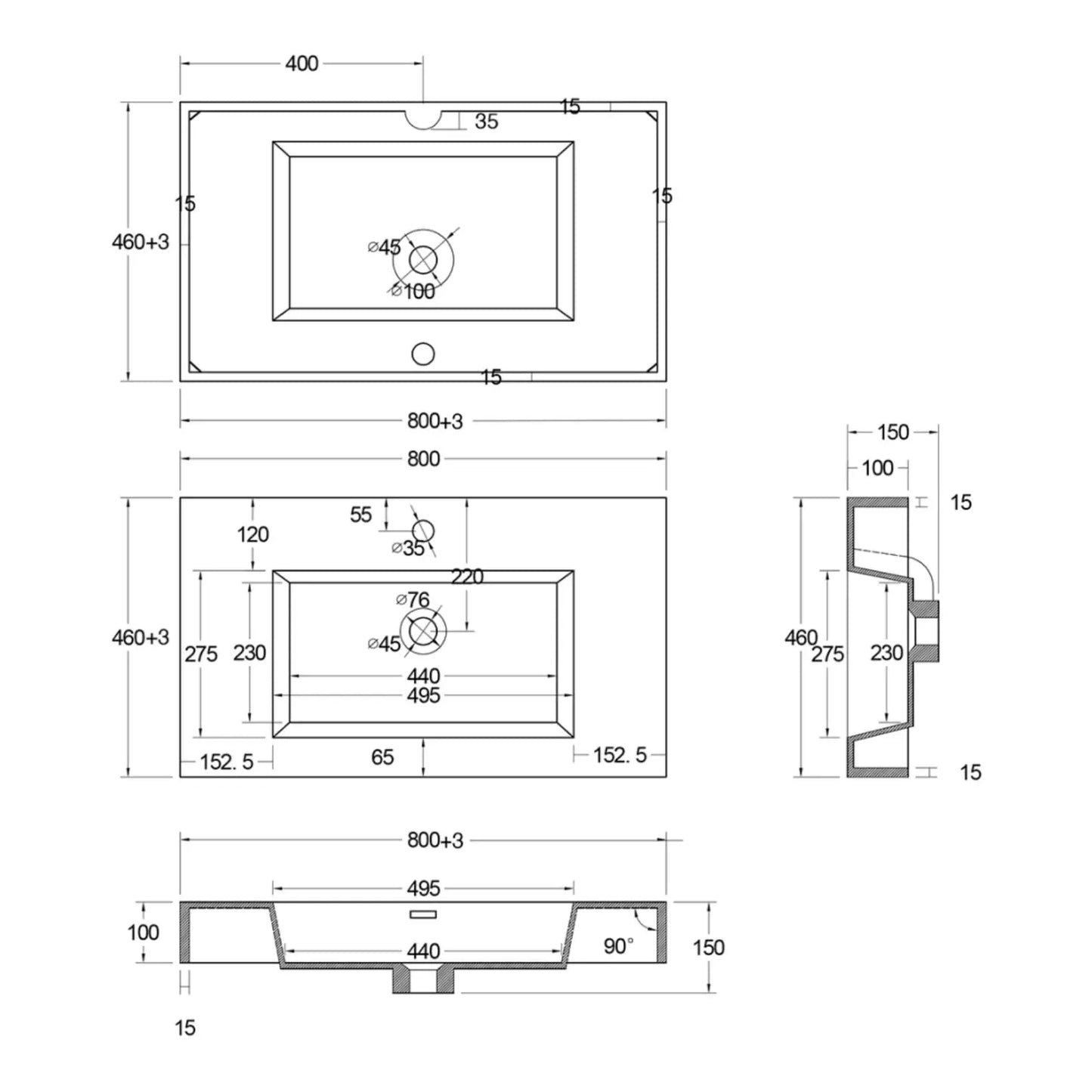 SaniSupreme ALONI Square Wastafel – 80x10x46 cm – Kunstmarmer – Glanzend Wit SaniSupreme