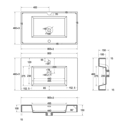SaniSupreme ALONI Square Wastafel – 80x10x46 cm – Kunstmarmer – Glanzend Wit SaniSupreme