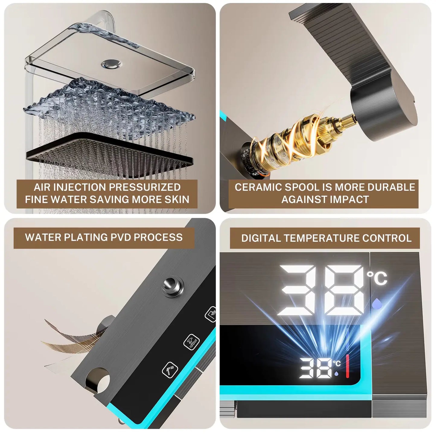 SaniSupreme AquaSense LCD Thermostatisch opbouw doucheset 4-weg systeem 31 x 25 cm. regendouche mat zwart Sanisupreme