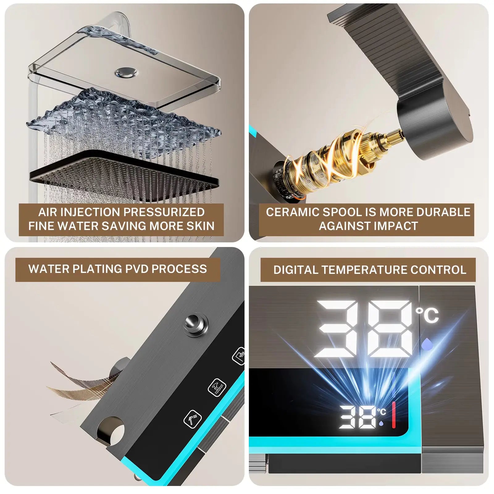 SaniSupreme AquaSense LCD Thermostatisch opbouw doucheset 4-weg systeem 31 x 25 cm. regendouche mat zwart Sanisupreme