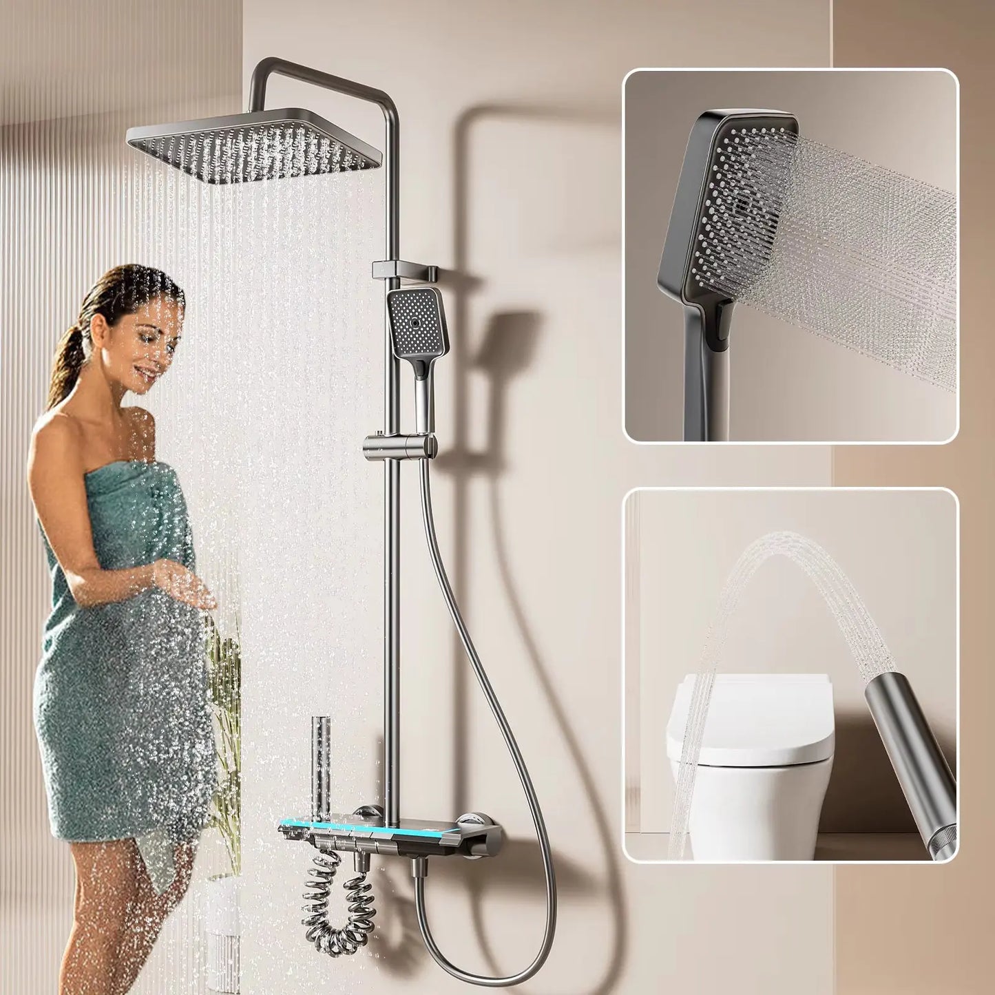 SaniSupreme AquaSense LCD Thermostatisch opbouw doucheset 4-weg systeem 31 x 25 cm. regendouche mat zwart Sanisupreme
