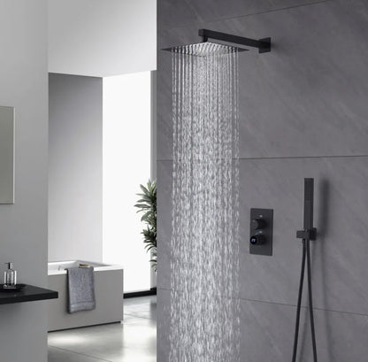 SaniSupreme Aqua-AeroLine Digital Shower Set Built-in Shower Faucet Bermuda Digital LCD Display Mixer Tap 12 inch | 30 cm rain shower 2-way black
