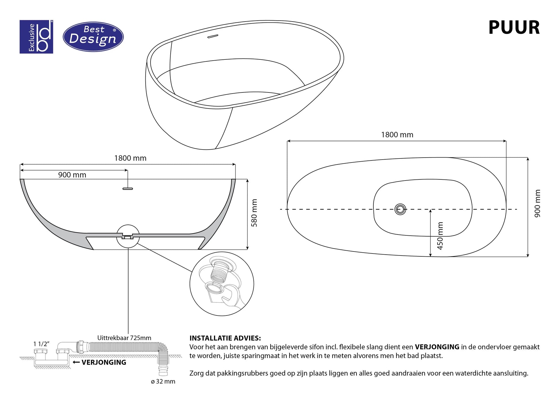 Amore Puro 180 cm vrijstaand bad Mat Wit SaniSupreme