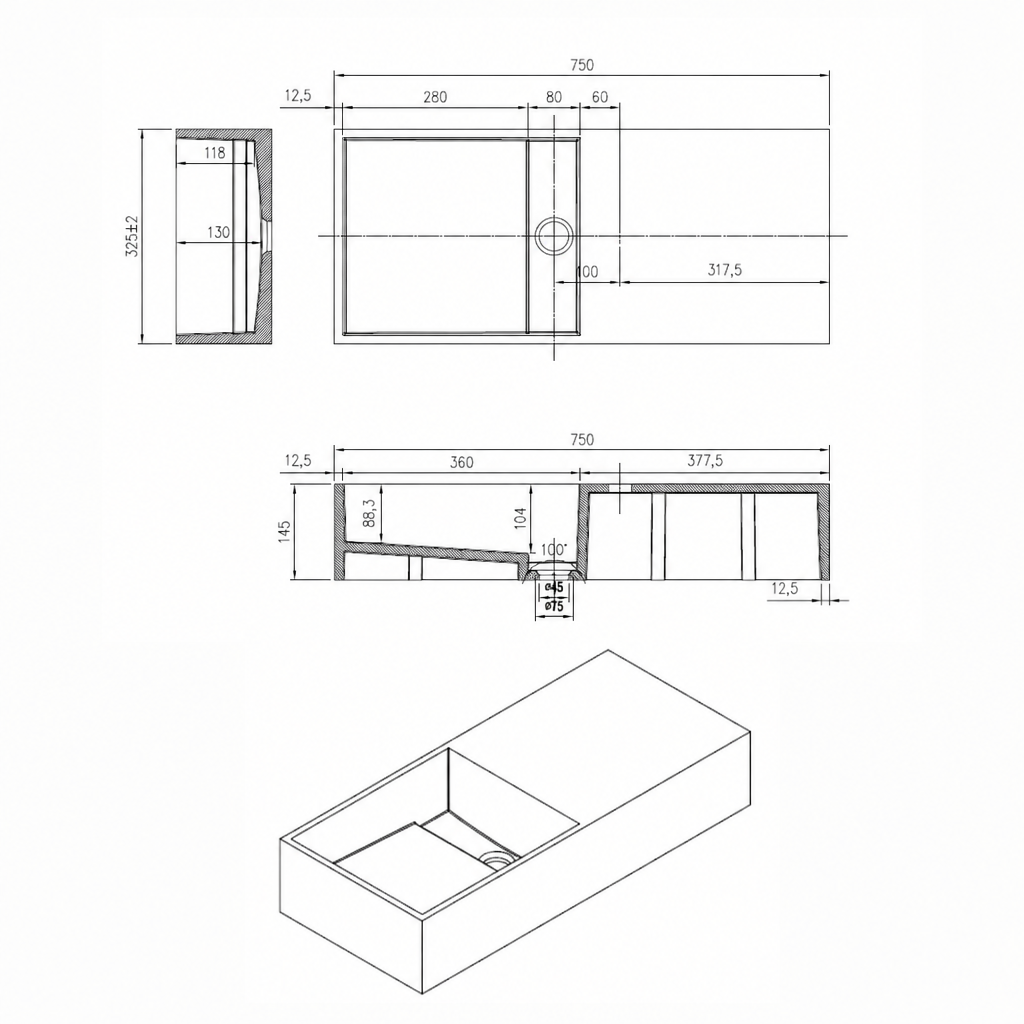 Aurevia solid surface wastafel 75 cm mat wit SaniSupreme2