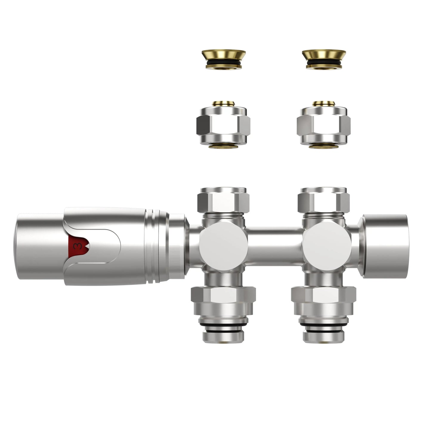 Thermostatische Radiatorkraan aansluitset 1/2" - 3/4" met thermostaatknop - muur en/of vloer bevestiging - Geborsteld RVS SaniSupreme