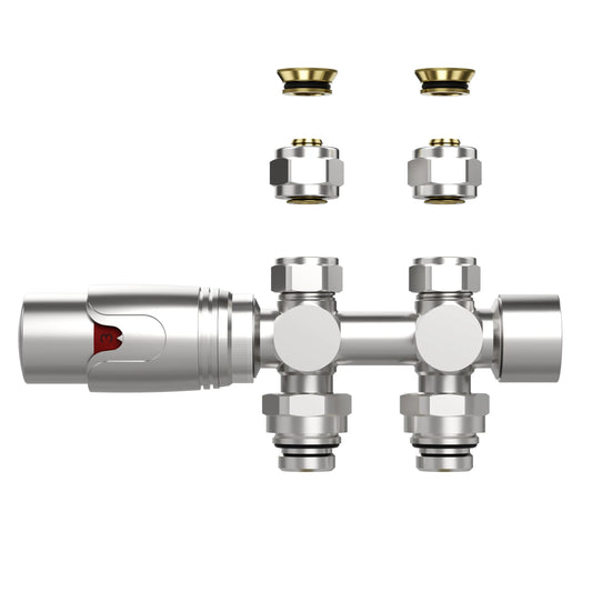 Thermostatische Radiatorkraan aansluitset 1/2" - 3/4" met thermostaatknop - muur en/of vloer bevestiging - Geborsteld RVS SaniSupreme