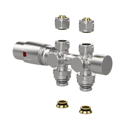 Thermostatische Radiatorkraan aansluitset 1/2" - 3/4" met thermostaatknop - muur en/of vloer bevestiging - Geborsteld RVS SaniSupreme