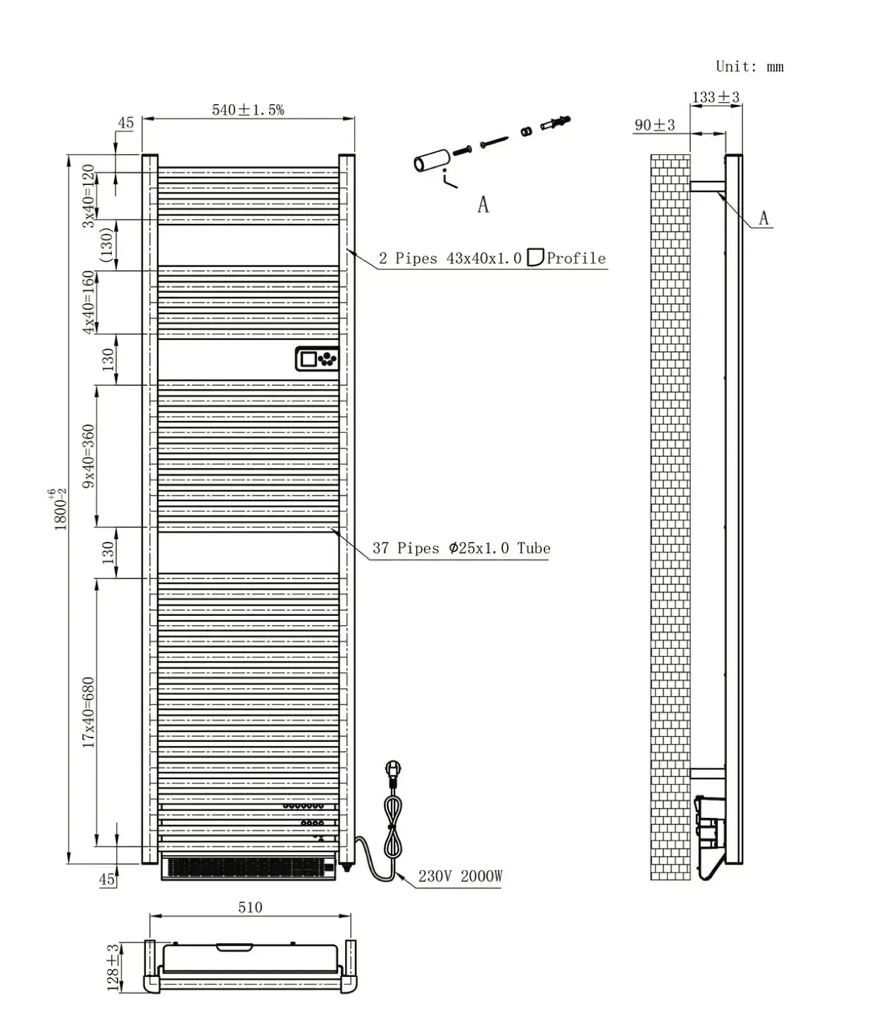 Badkamer Elektrische Digitale Radiator Handdoekverwarming met extra Blower Droogfunctie 2000W - 1840 X 540 X 133 MM SaniSupreme Orvex Mat Zwart