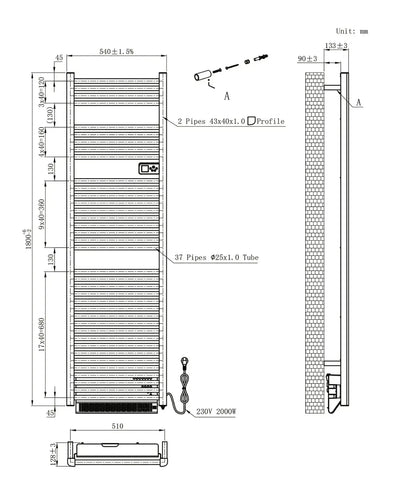 Badkamer Elektrische Digitale Radiator Handdoekverwarming met extra Blower Droogfunctie 2000W - 1840 X 540 X 133 MM SaniSupreme Orvex Mat Zwart