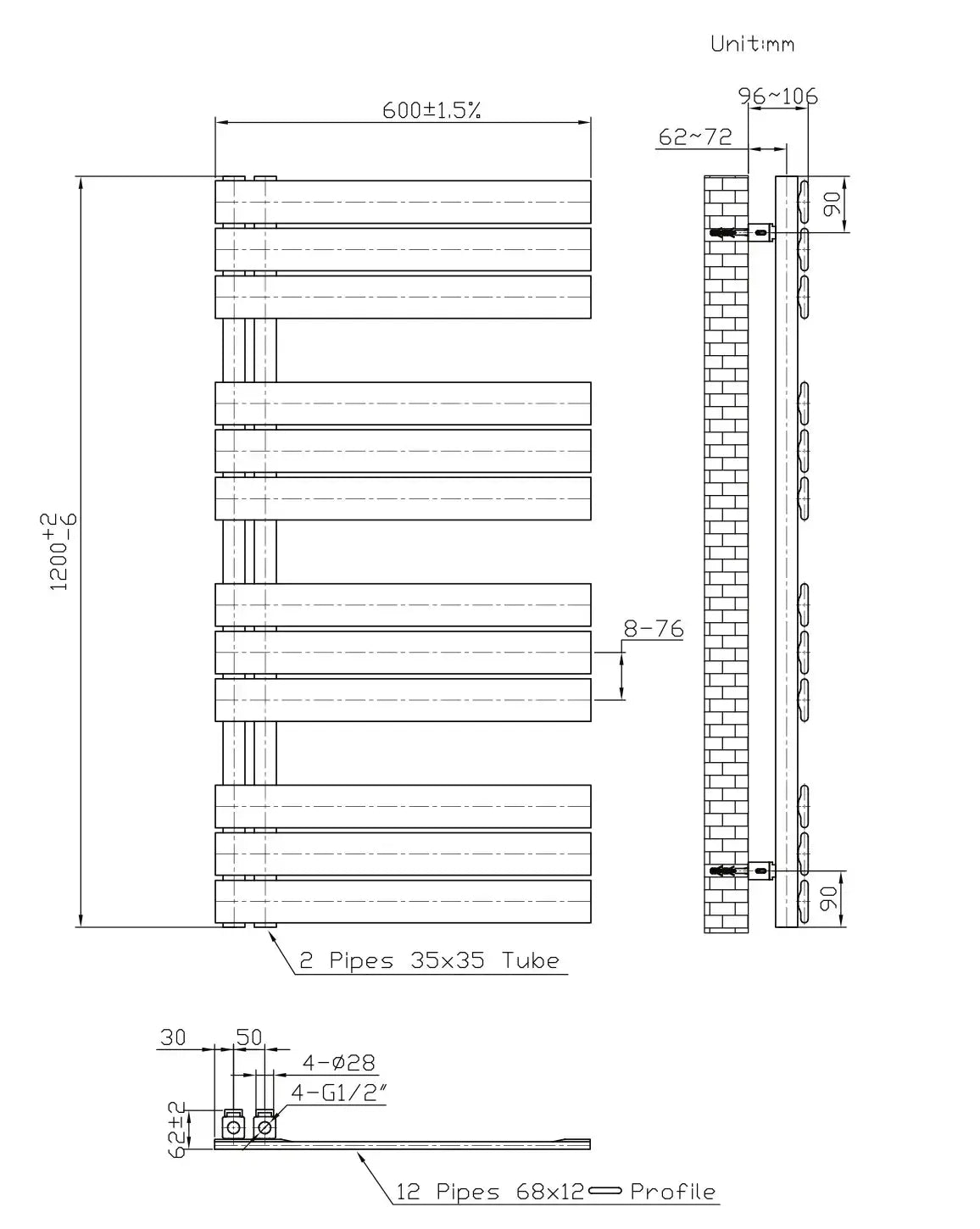 Badkamer Radiator PremiumLine Alvoro Handdoekverwarming 1200 x 600 681W Mat Zwart