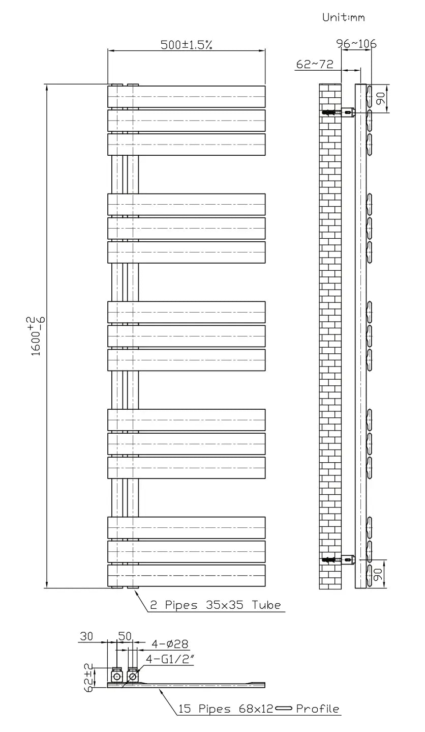 Badkamer Radiator PremiumLine Thervo Handdoekverwarming 1600 x 500 755W Mat Zwart