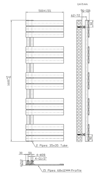 Badkamer Radiator PremiumLine Thervo Handdoekverwarming 1600 x 500 755W Mat Zwart