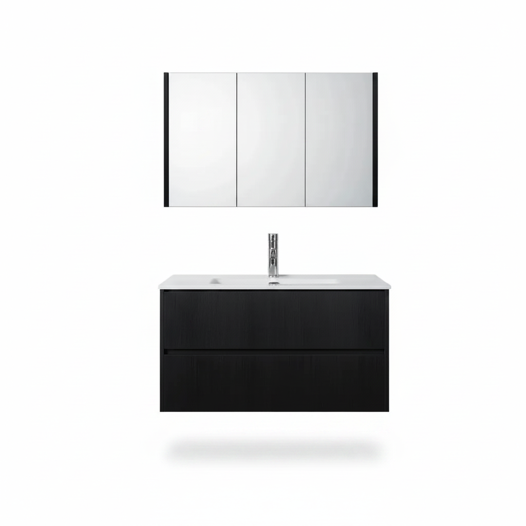 Badmeubelset Abruzzo wastafel en spiegelkast 80 cm Zwart SaniSupreme Sanisupreme